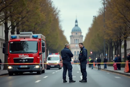 Véhicules de secours et pompiers sur les lieux d'un accident grave à Toulouse, boulevard urbain sécurisé par un périmètre de sécurité