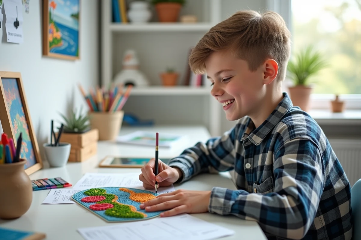 Adolescent souriant terminant un tableau de paysage en diamant