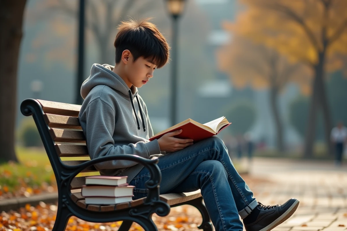 Adolescent dans un parc avec manhwa en main