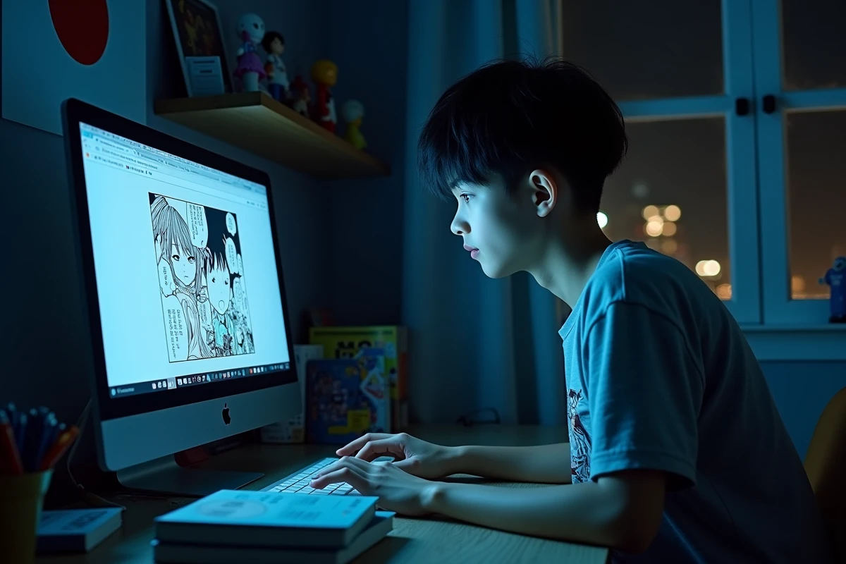 Adolescent lisant des scans de manga en ligne sur son ordinateur portable dans sa chambre la nuit
