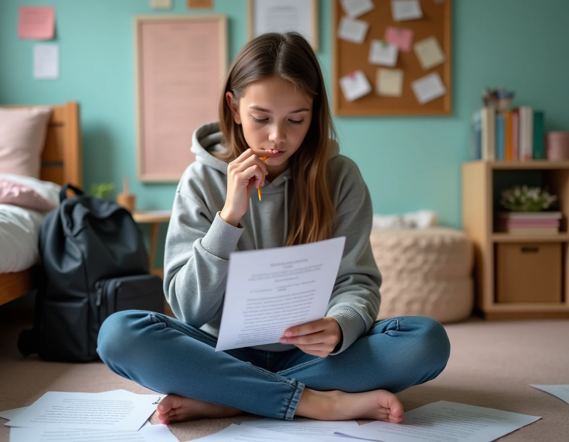 Adolescente comptant les syllabes d'un huitain sur ses doigts entourée de feuilles d'exercices de poésie