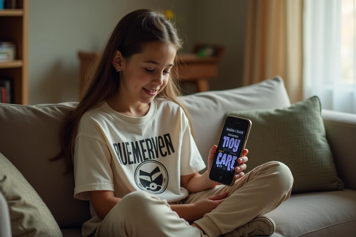 Adolescente utilisant une application de générateur de pseudo sur smartphone pour trouver un pseudo rare et stylé
