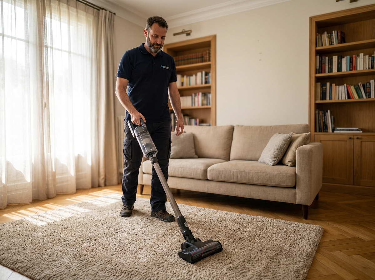 Agent d'entretien passant l'aspirateur dans un salon confortable d'un appartement à Brunoy