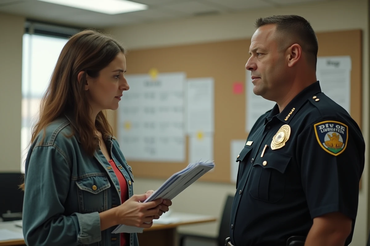 Officier de police parlant à une femme inquiète dans un commissariat