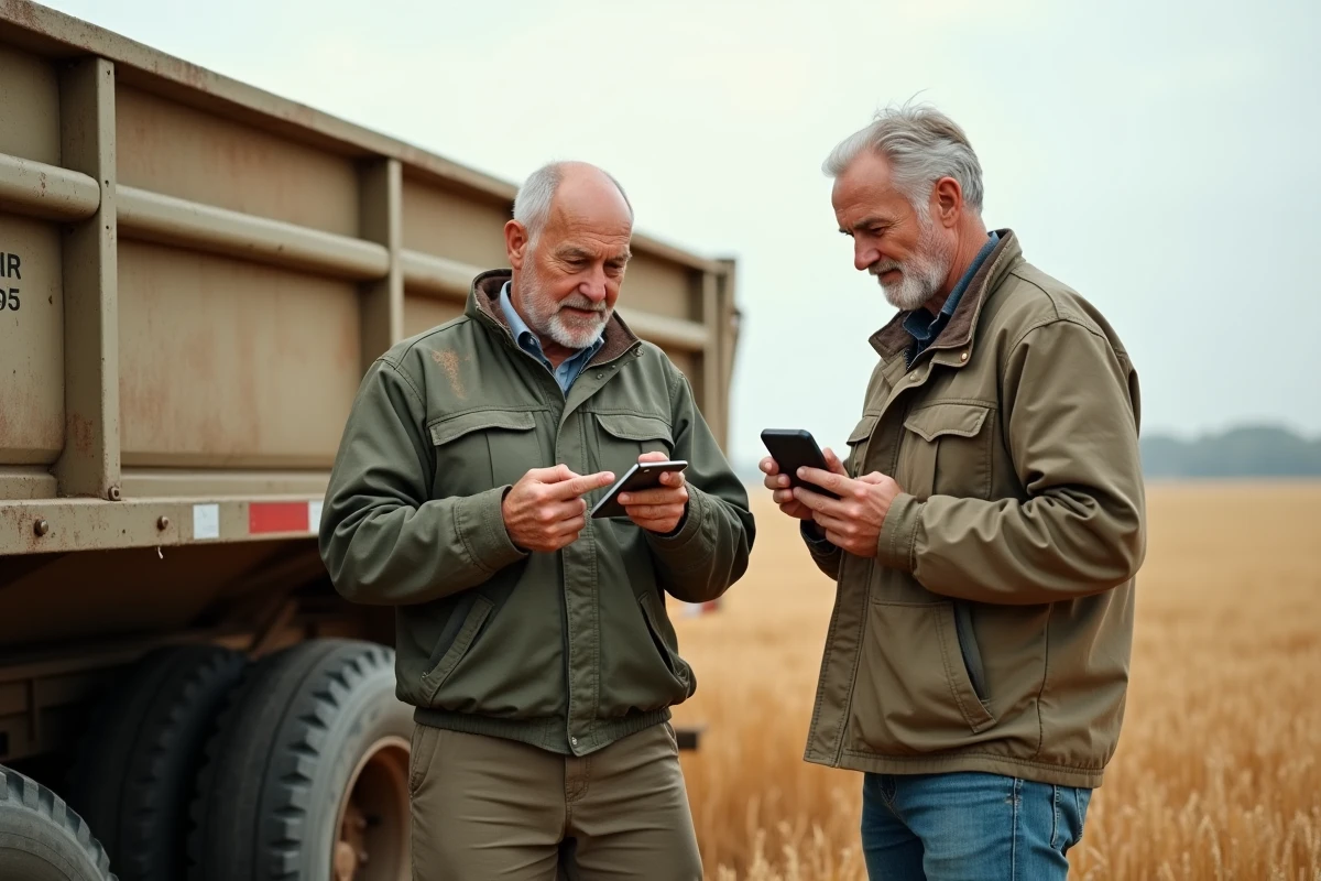 Deux agriculteurs sur un champ moissonné consultant une application de conversion quintaux en tonnes sur smartphone