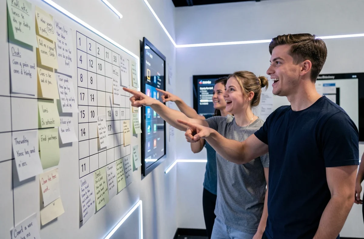 Groupe de jeunes adultes découvrant des indices sur un mur de l'escape room Alta Game en Corse