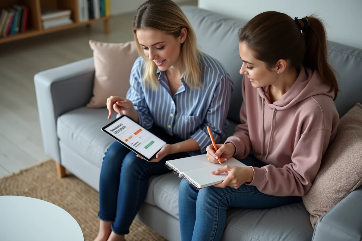 Deux amies combinant un code de rachat et un code parrainage sur une tablette dans un salon moderne