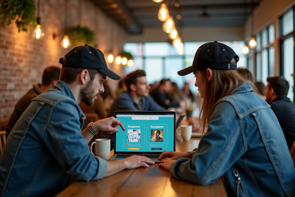 Deux amis dans un café parcourant un générateur de pseudo tryhard gratuit sur un ordinateur portable