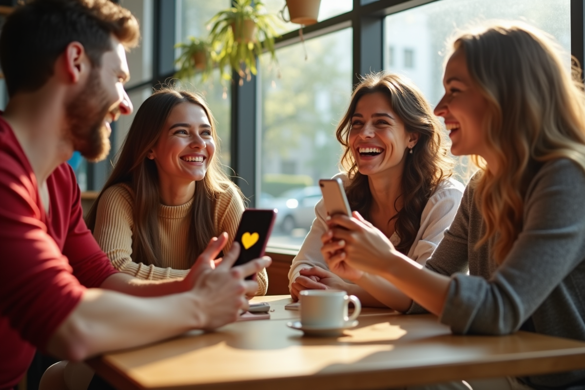 Amis riant au café avec emoji cœur jaune sur téléphone