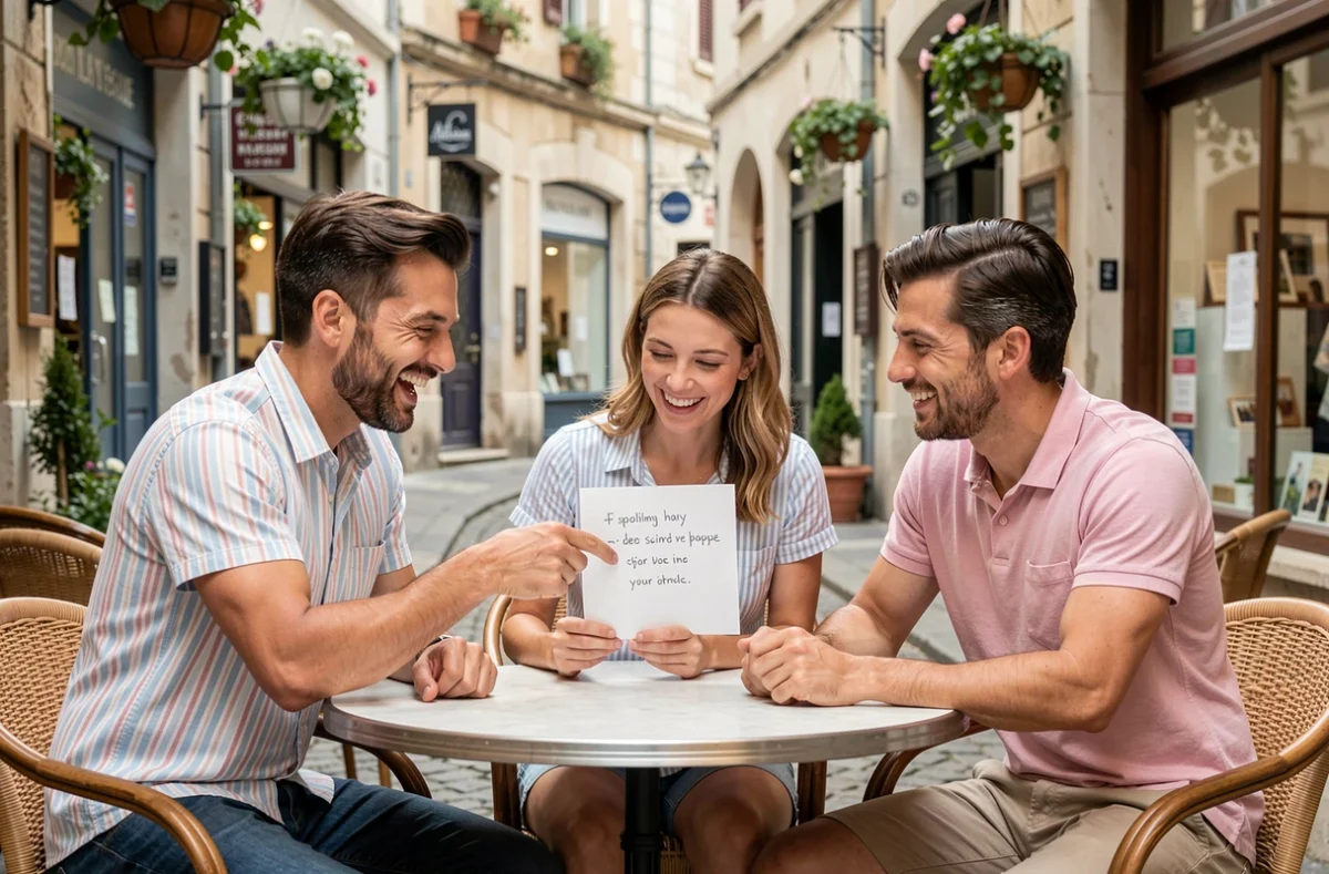 Trois amis sur une terrasse de café réagissant avec amusement à une faute d'orthographe dans un message de bonnes vacances