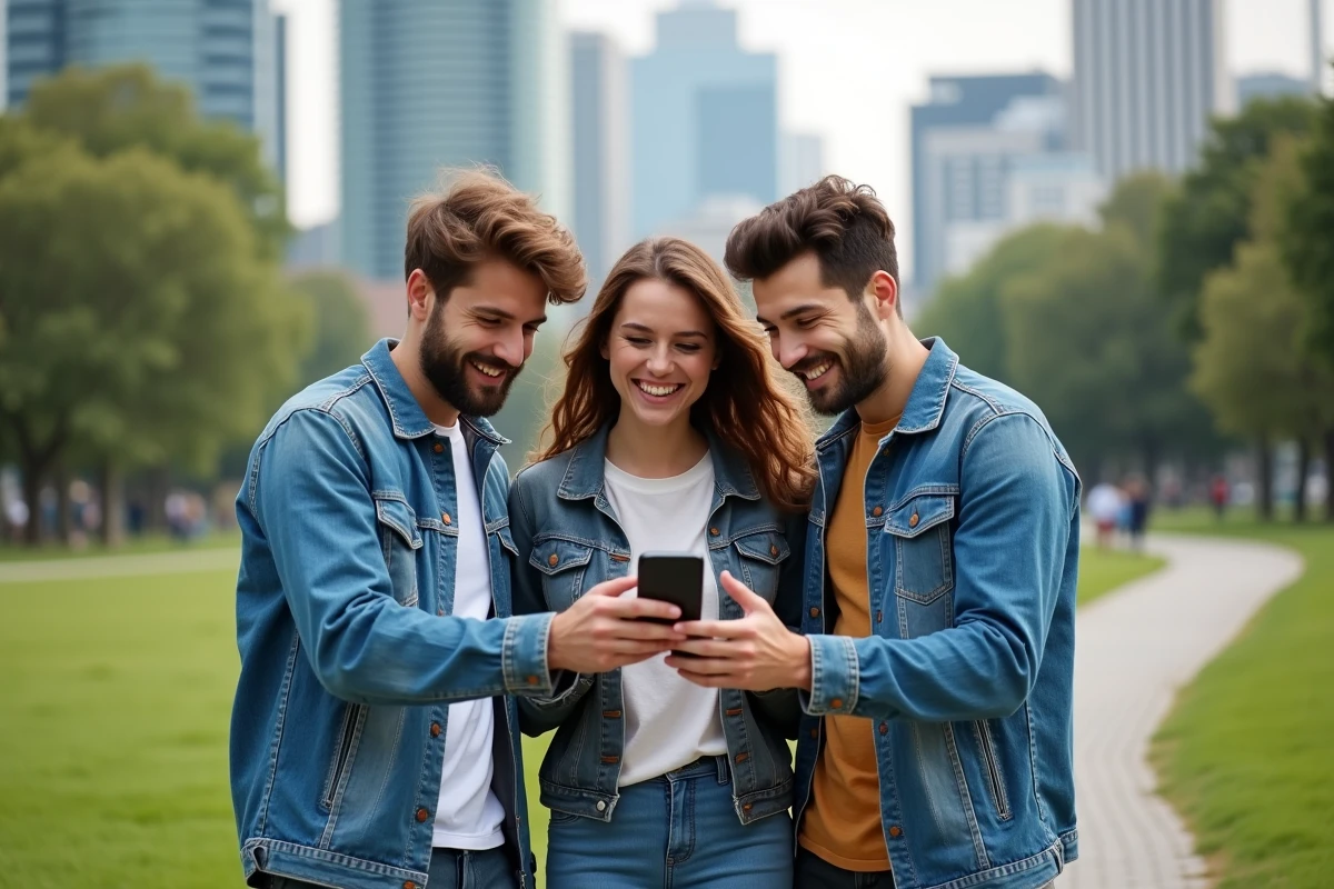 Trois amis regardant un smartphone dans un parc urbain