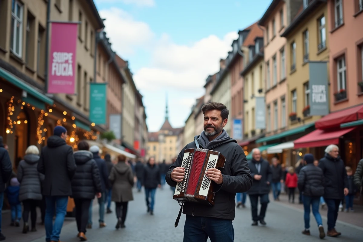 Animation de rue gratuite à Strasbourg avec musicien accordéoniste et foule de promeneurs alsaciens