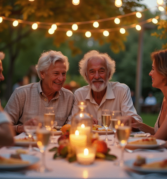 Couple mature célébrant 38 ans de mariage en fête dans un jardin