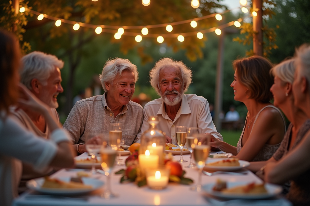 Couple mature célébrant 38 ans de mariage en fête dans un jardin