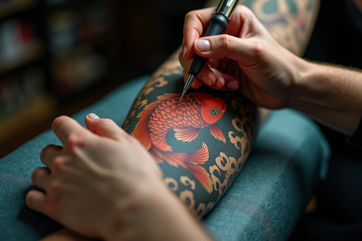 Artiste japonais tatouant un koi sur un client dans un studio lumineux
