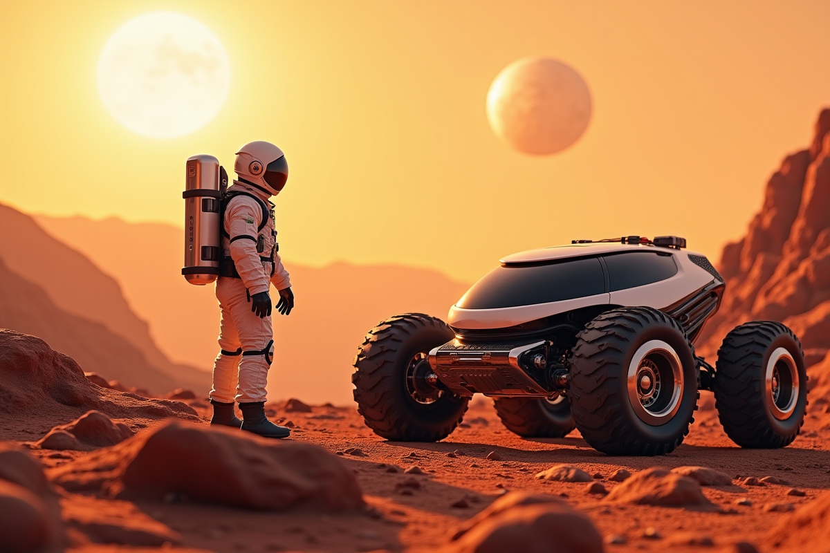 Astronaute en combinaison sur Mars avec rover et Terre en vue