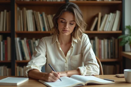 Auteure débutante relisant le manuscrit de son livre à son bureau avec des notes manuscrites sur les pages