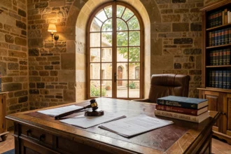 Cabinet d'avocat dans le Gers avec bureau en bois, livres de droit et documents juridiques dans un cadre architectural gascon