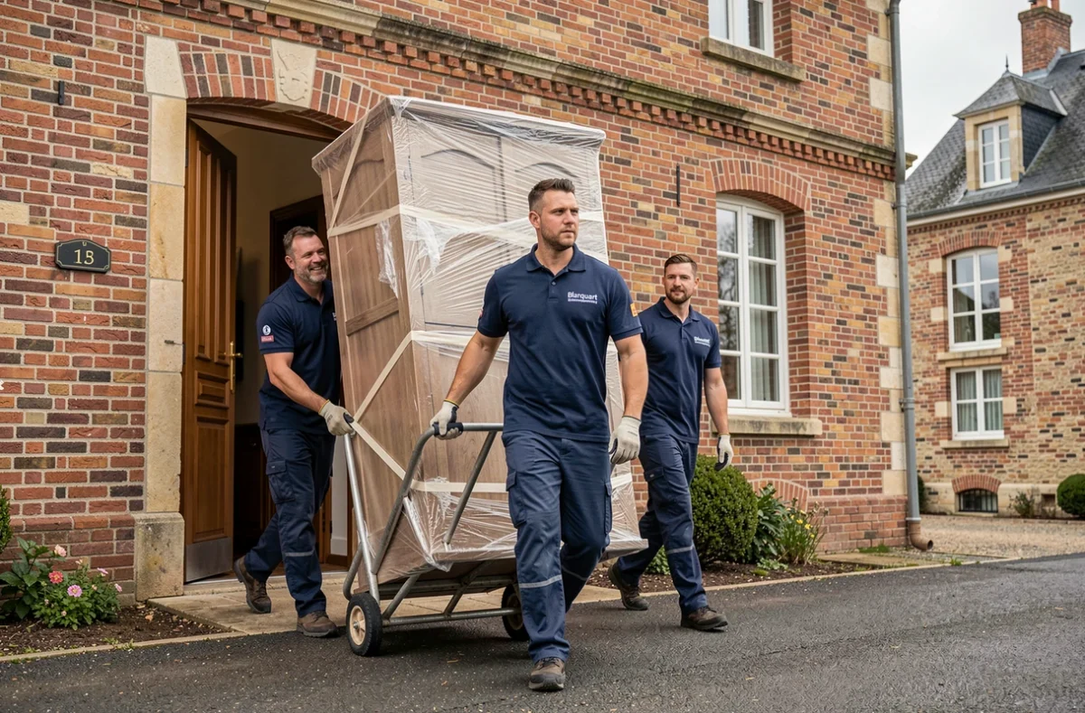 Équipe de Blanquart Déménagements portant un meuble emballé à l'entrée d'une maison en brique du nord de la France