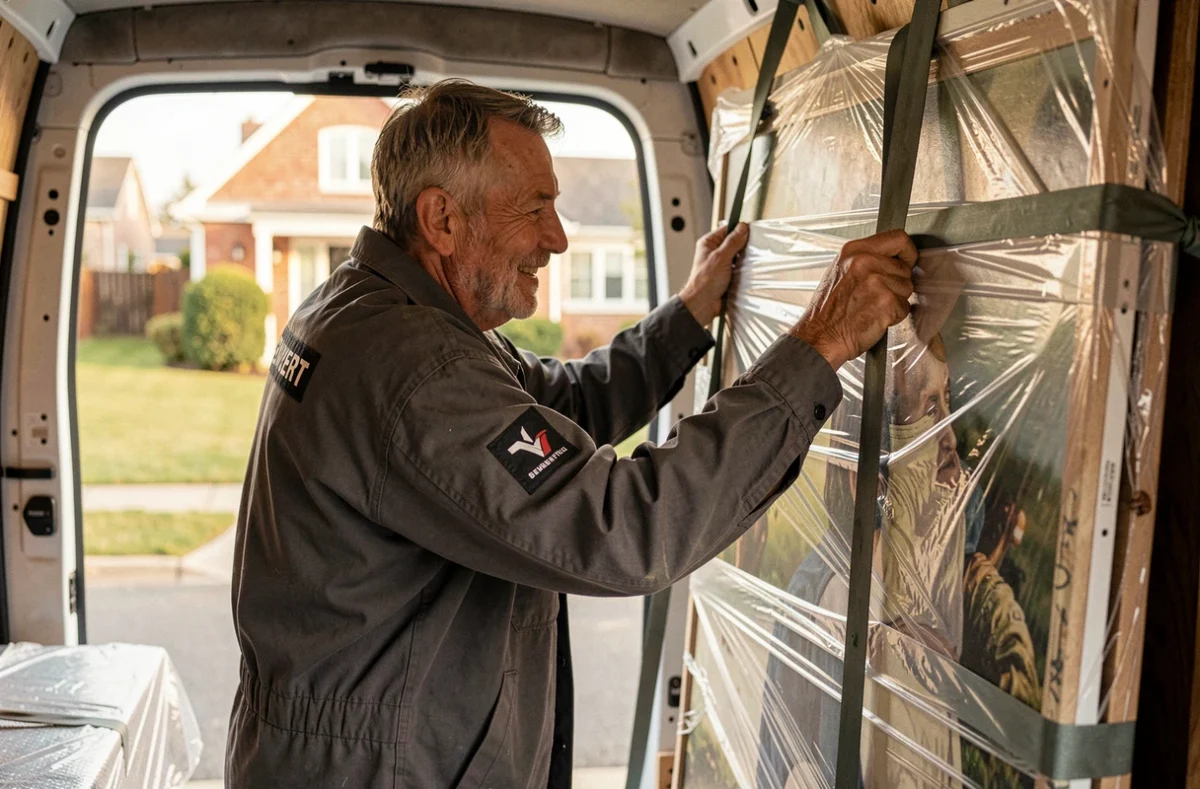 Blyweert Stéphane, déménageur indépendant, sécurisant un tableau emballé à l'intérieur de son camion de déménagement