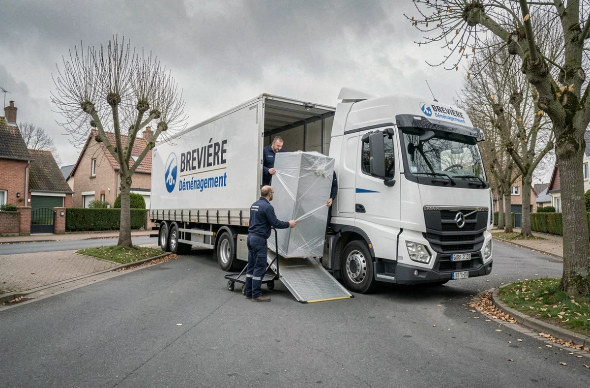Déménageurs de Brevière Déménagement descendant un réfrigérateur emballé du camion avec une rampe dans une rue de Villeneuve-d'Ascq