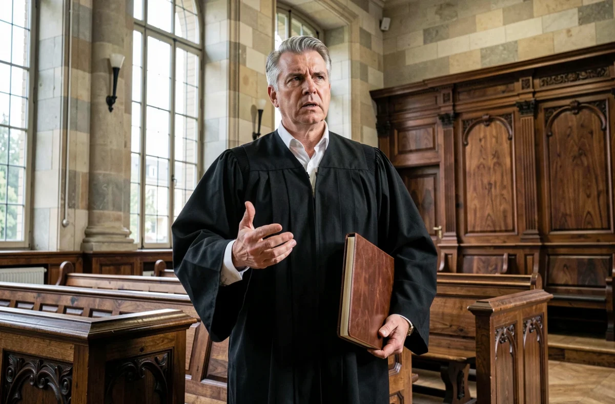 Avocat pénaliste du cabinet Roujou de Boubée en robe noire dans une salle d'audience du tribunal d'Auch