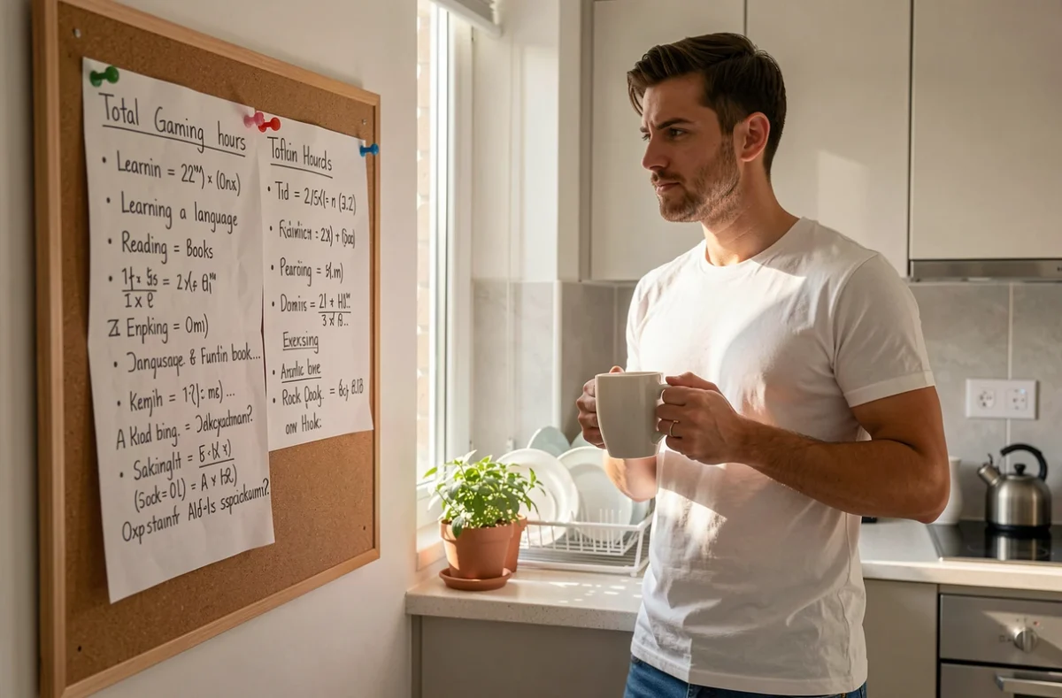 Homme réfléchi dans une cuisine lisant un tableau de calcul des heures perdues sur LoL converties en opportunités manquées