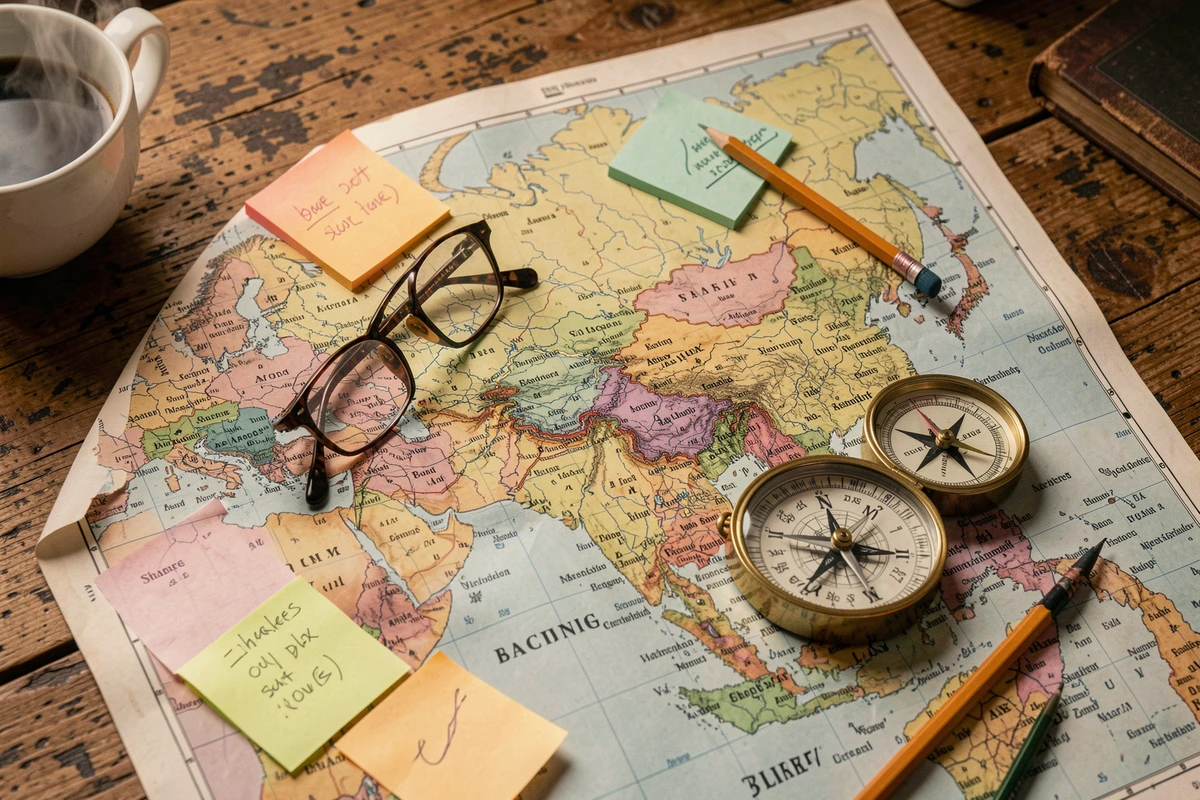 Vue aérienne d'une carte politique annotée de l'Asie avec des notes sur les pays au nombre contesté du continent