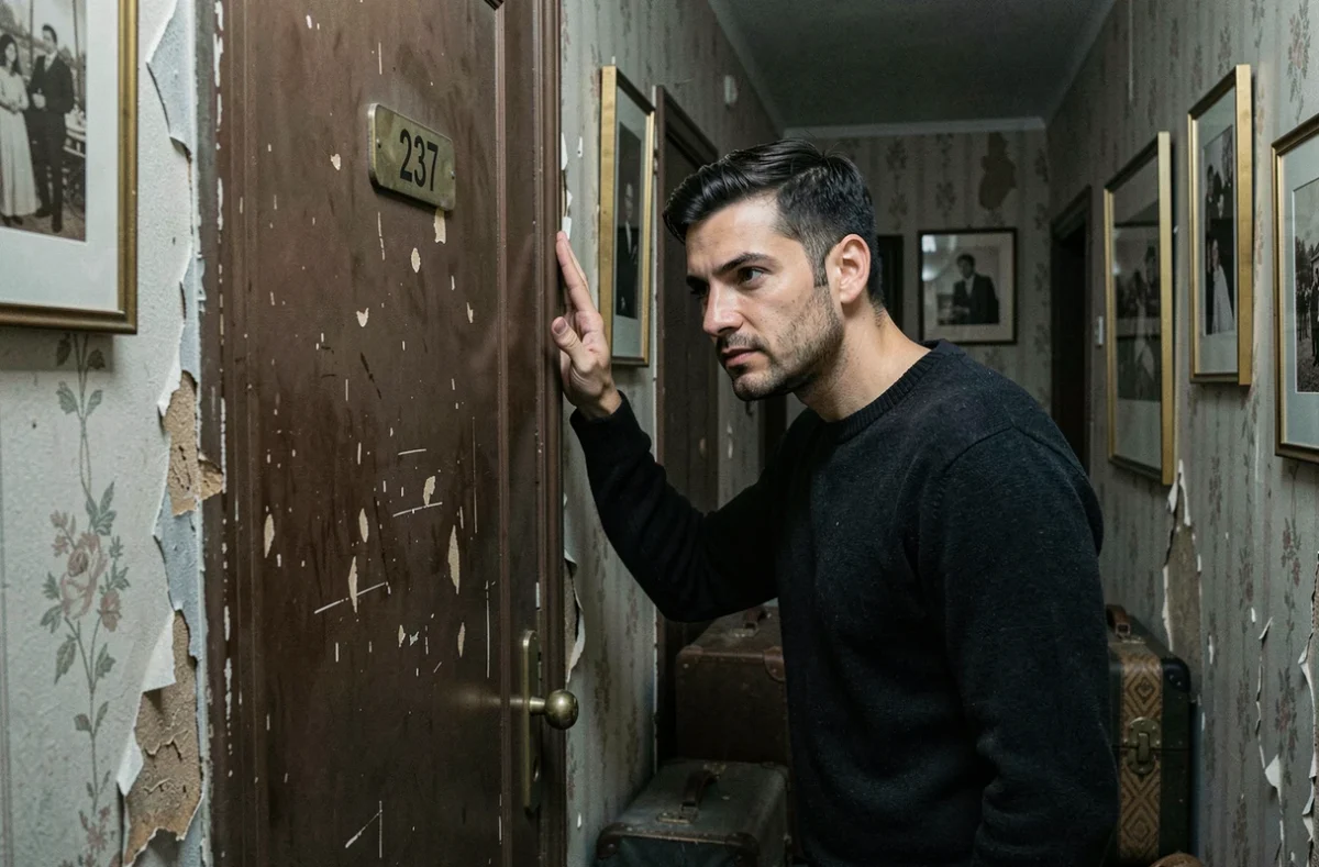 Homme inspectant la porte numéro 237 dans le décor d'hôtel vintage de l'escape game Chambre 237 à Ajaccio
