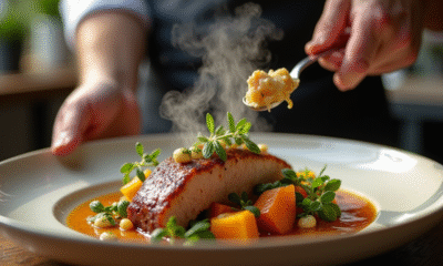 Chef dressant un civet de lapin chaud sur une table rustique