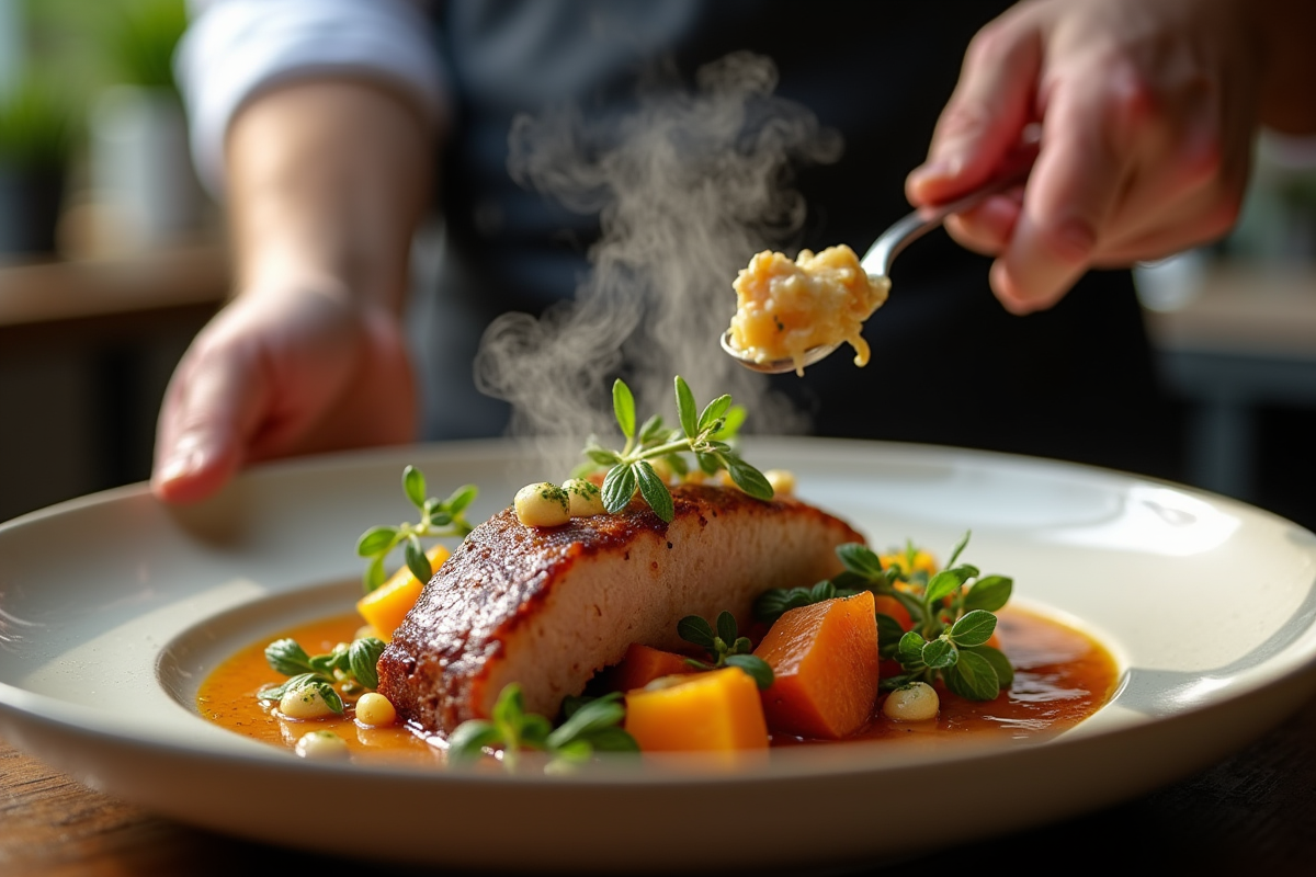 Chef dressant un civet de lapin chaud sur une table rustique
