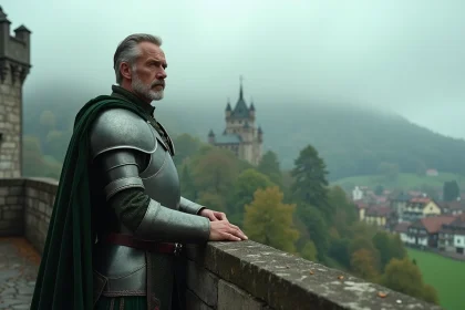 Chevalier en armure verte sur un balcon de château