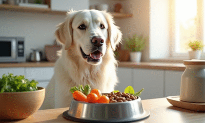 Chien blanc retriever dans une cuisine moderne regardant un bol de légumes
