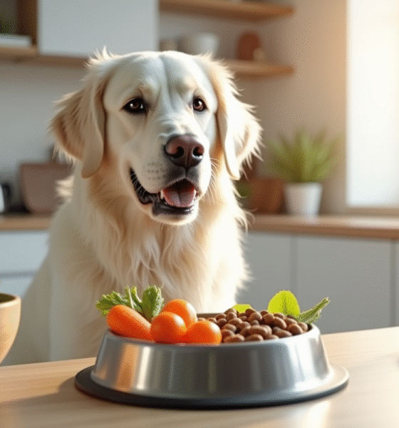 Chien blanc retriever dans une cuisine moderne regardant un bol de légumes