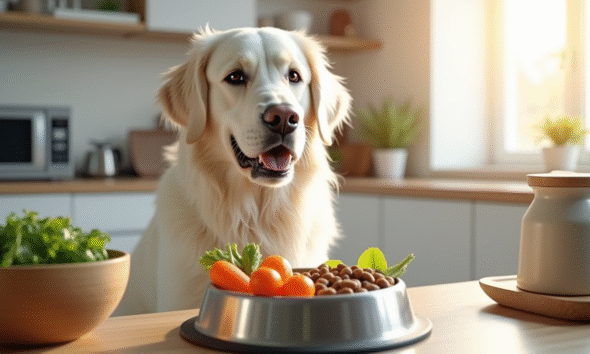 Chien blanc retriever dans une cuisine moderne regardant un bol de légumes