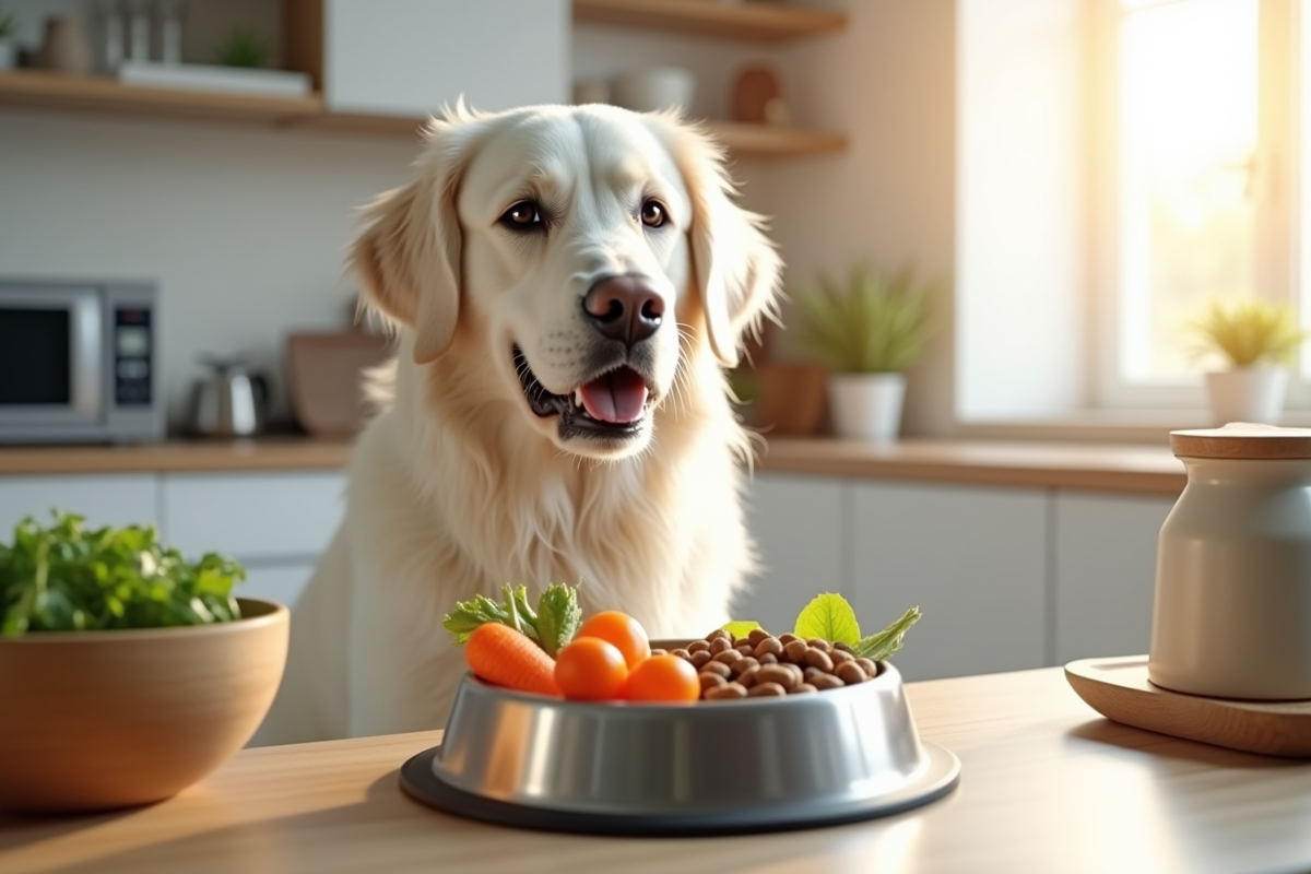 Chien blanc retriever dans une cuisine moderne regardant un bol de légumes