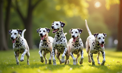 Groupe de chiens dalmatien jouant dans un parc ensoleille
