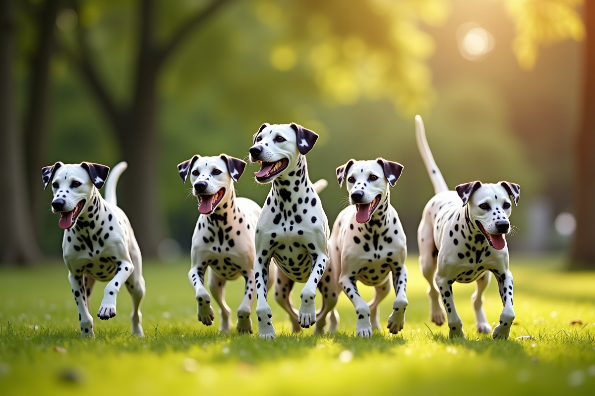 Groupe de chiens dalmatien jouant dans un parc ensoleille