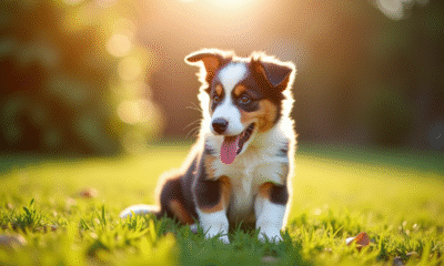Chiot australien shepherd sur l'herbe en plein soleil