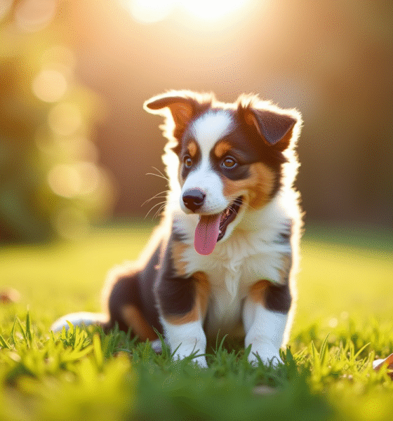 Chiot australien shepherd sur l'herbe en plein soleil