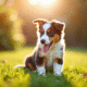 Chiot australien shepherd sur l'herbe en plein soleil