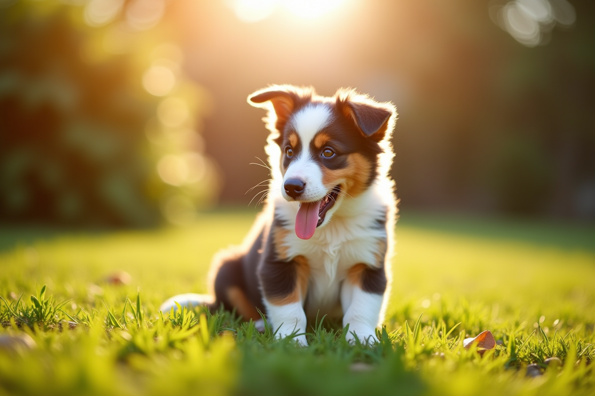 Chiot australien shepherd sur l'herbe en plein soleil