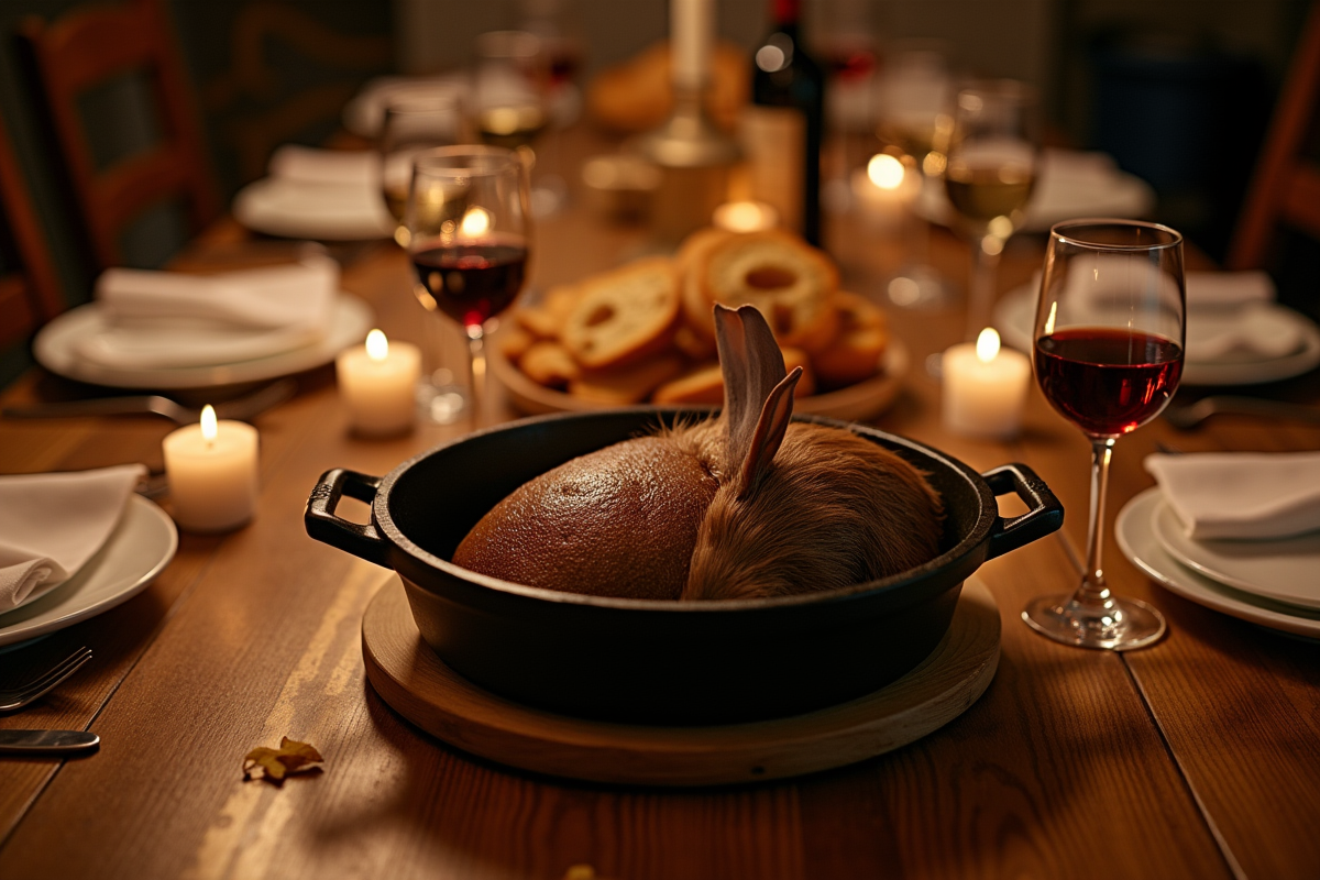Civet de lapin servi dans une cocotte sur une table chaleureuse