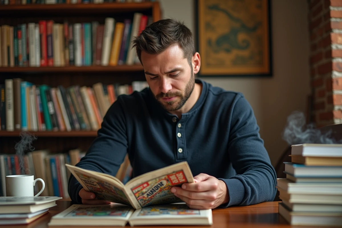 Collectionneur de comics Marvel examinant un album Hawkeye vintage dans une bibliothèque personnelle