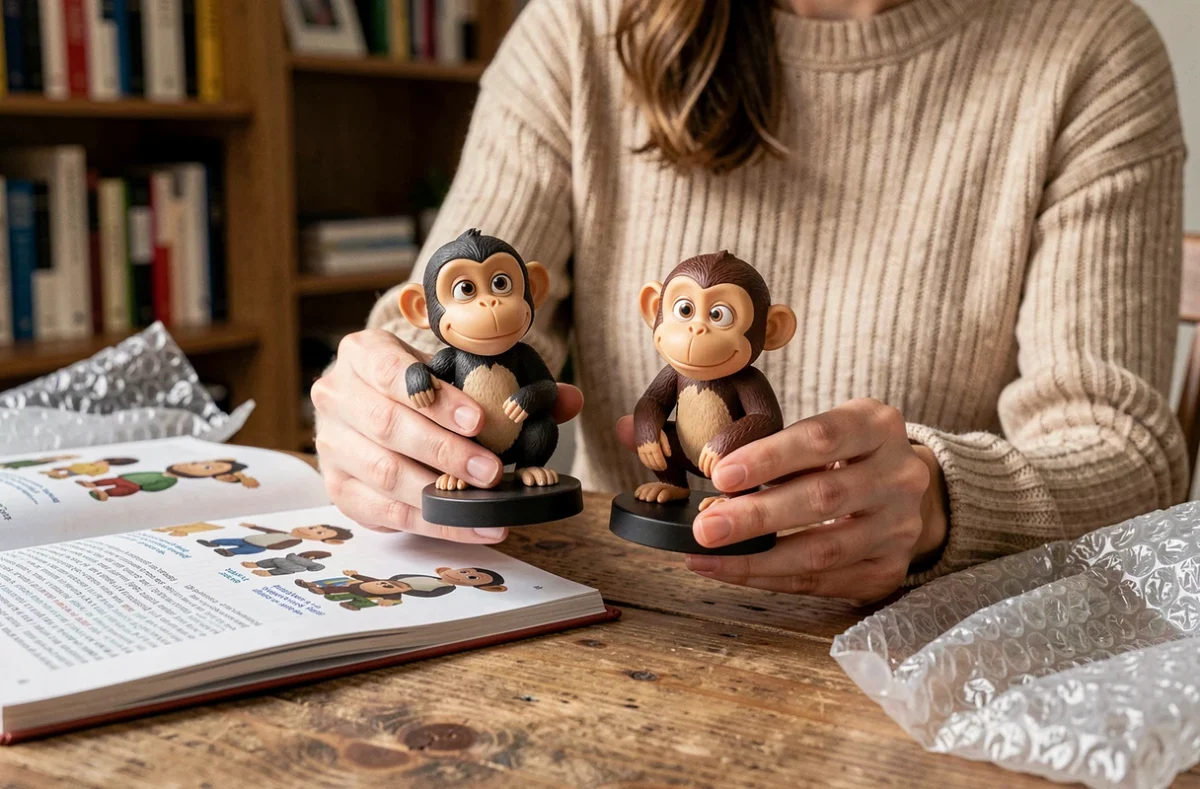 Femme tenant deux figurines Abu le singe Disney Aladdin pour les comparer côte à côte sur une table en bois