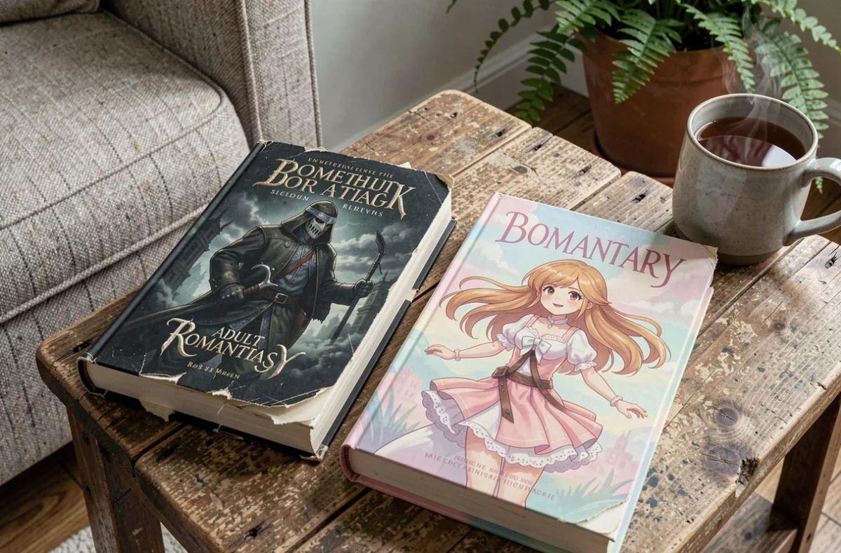 Comparaison côte à côte d'un roman romantasy adulte aux tons sombres et d'un roman romantasy young adult aux couleurs pastels sur une table en bois
