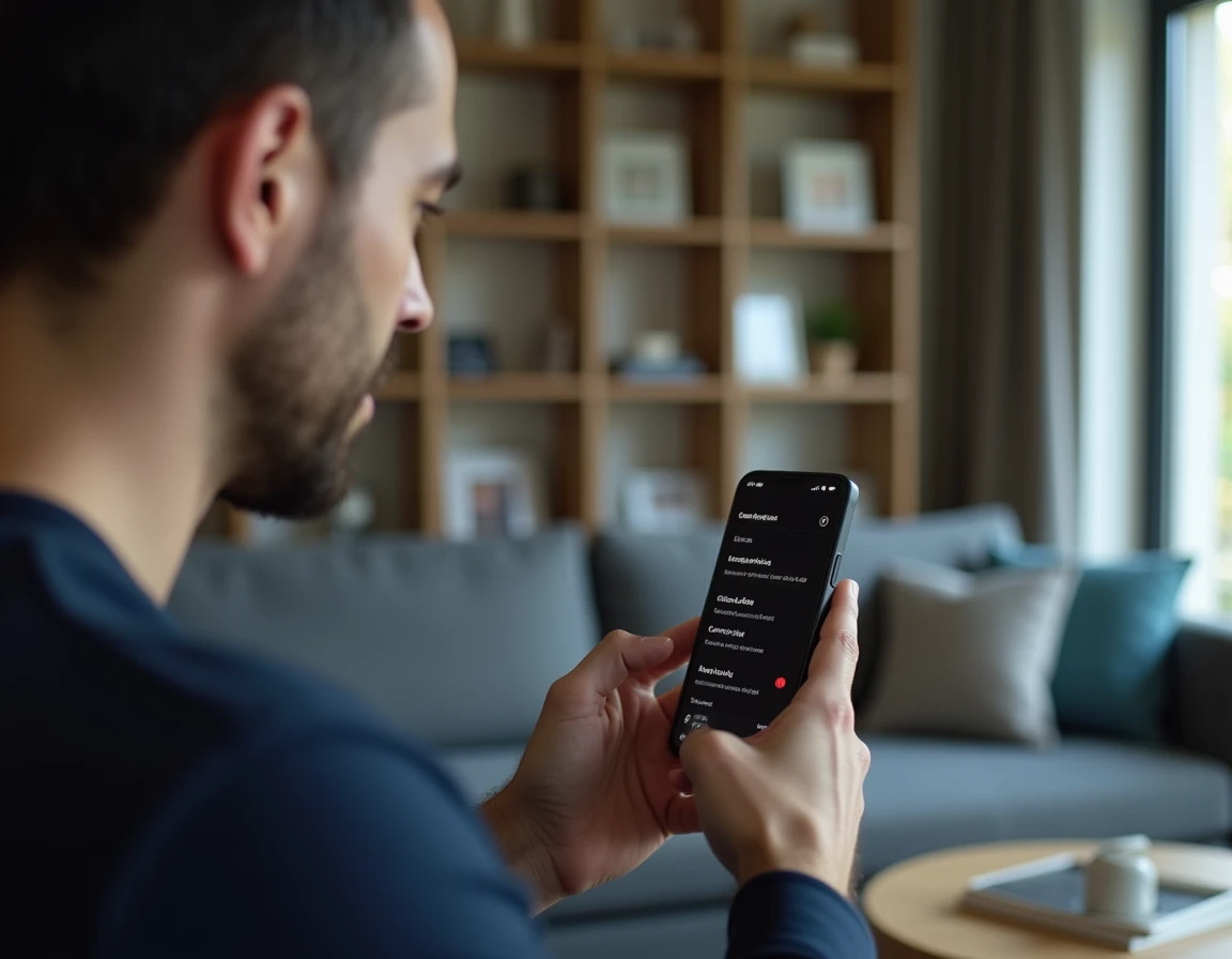 Homme adulte configurant les filtres de sécurité de contenu sur une application mobile dans un salon contemporain