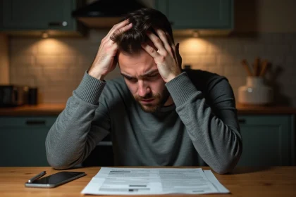 Homme stressé examinant une amende pour tapage nocturne à son bureau de cuisine