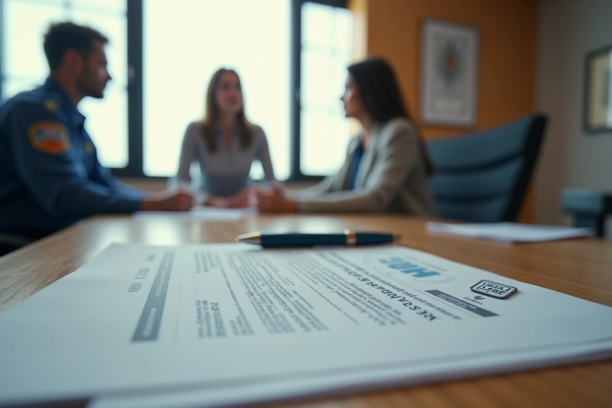 Contrats imprimés et badge de technicien sur un bureau en bureau professionnel