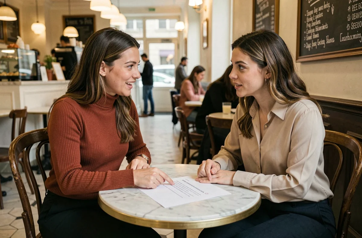 Deux femmes discutant des subtilités du français autour d'une feuille d'exercices dans un café parisien